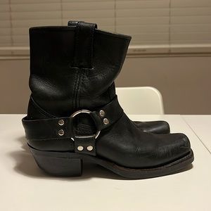 Size 6.5, Frye “harness” black leather biker boots.